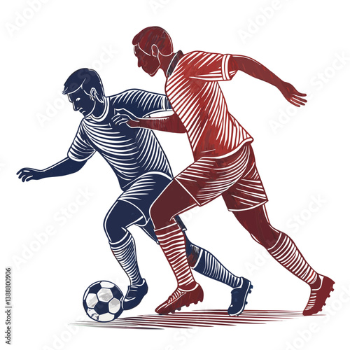 Create a bold, vector illustration of a soccer player skillfully dribbling the ball.  Focus on dynamic movement and strong lines.