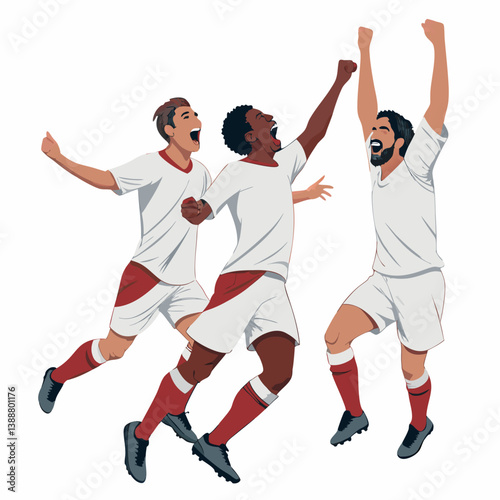 Create a bold vector illustration of a jubilant soccer team celebrating a goal, emphasizing dynamic poses and strong outlines.