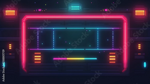 Pixelated retro interface with neon glows and a dark futuristic vibe