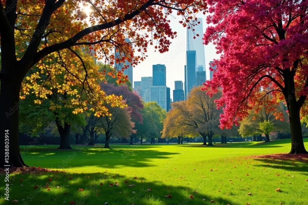 Naklejka premium Central Park's vibrant spring blooms, lush green lawns , daffodils, sky, season
