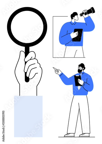 Hand holding magnifying glass, man peering through telescope, and man pointing with clipboard in hand. Ideal for research, investigation, exploration, discovery, analysis focus insight. Flat simple