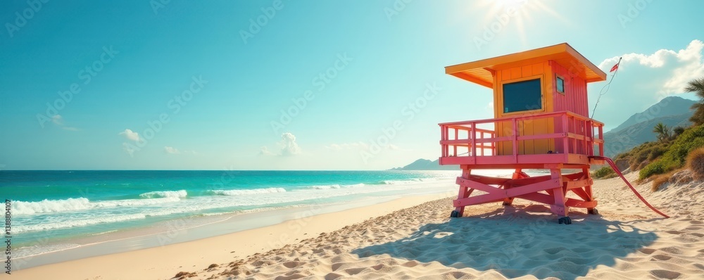 Fototapeta premium Elevated lifeguard stand overlooking sun-kissed beach, waves, relaxation, holiday