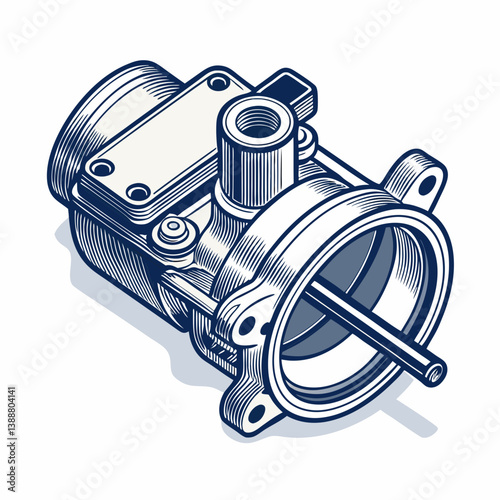 Create a bold, vector illustration of a throttle body with clearly defined internal components and intricate details.  High resolution, clean lines.