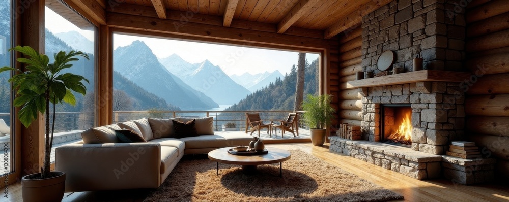 Fototapeta premium Spacious cabin living room with stone fireplace, large window showing mountain scenery , open plan, spacious, view