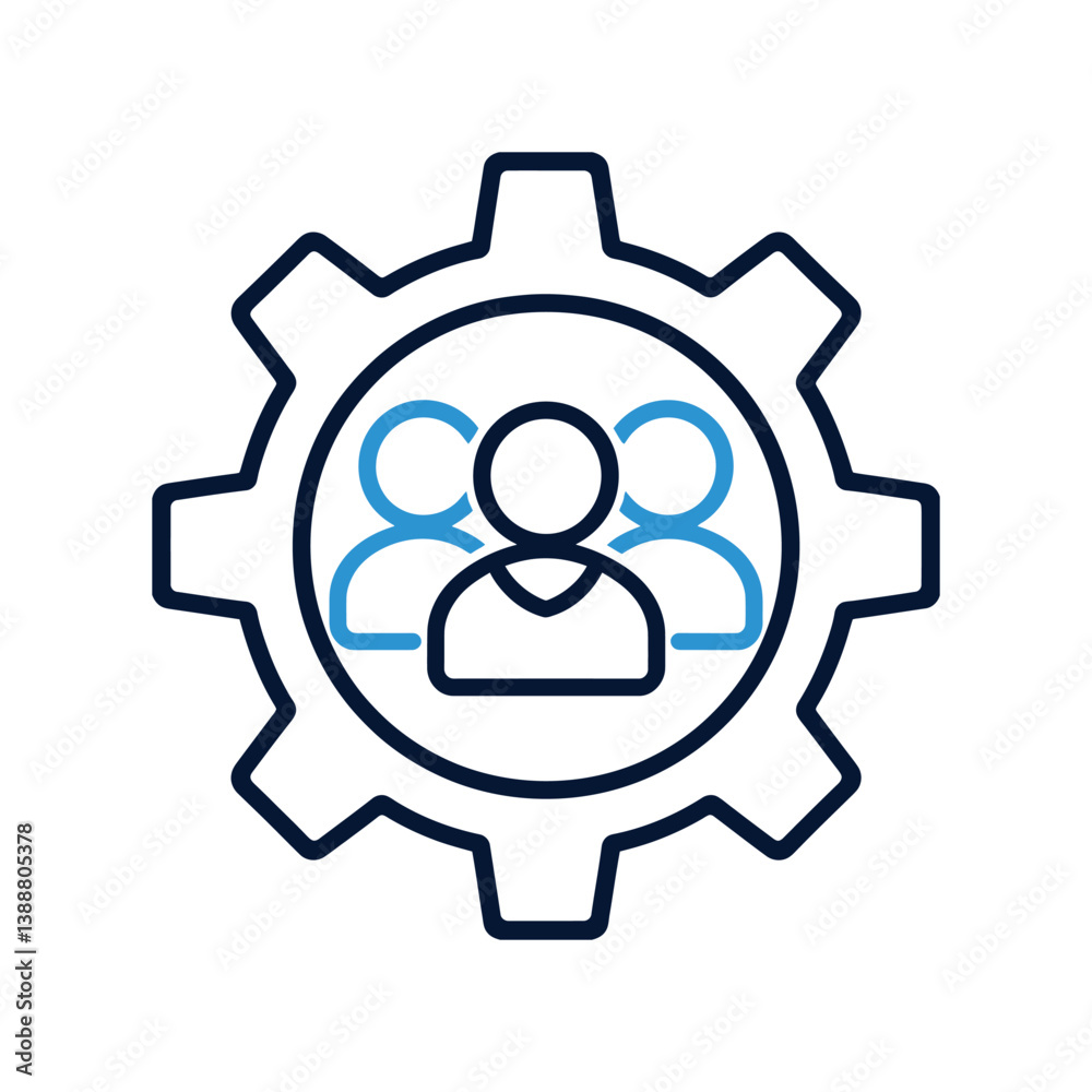 Team management icon inside gear wheel, symbol of human resources and workforce collaboration in line style Team management icon inside gear wheel, symbol of human resources and workforce collaboration in line style