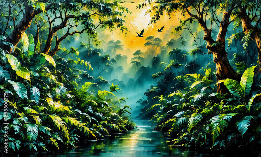 Fototapeta premium A vibrant jungle scene with a gentle river flowing through lush green vegetation. Sunlight filters through the dense canopy, illuminating the tranquil waterway and surrounding foliage, with birds soar