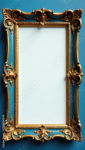 Elegant antique gold & blue picture frame, ornate details, baroque, art deco
