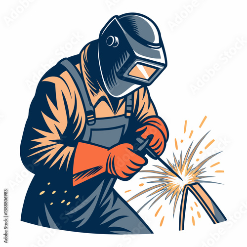Create a bold, vector illustration of a welder in full protective gear, showcasing detailed equipment and a strong, dynamic pose.