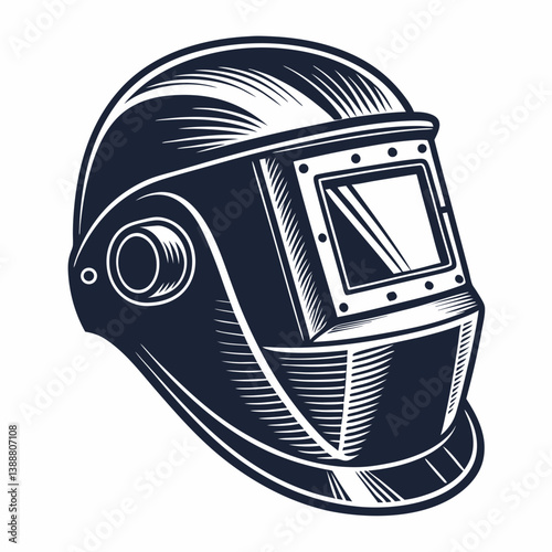 Create a bold vector illustration of a welding mask, featuring a thick, clearly defined stroke.  Include the number '1' prominently on the mask.