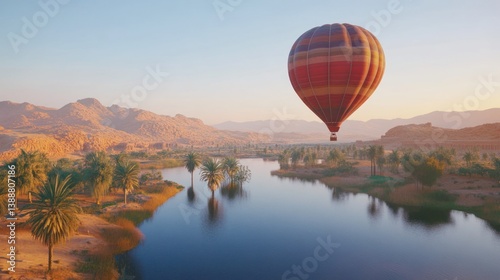 Hot Air Ballooning Over Desert Oasis Landscape with Calm River View