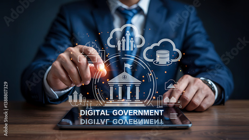 Digital Government Concept with Businessman Touching Tablet Displaying eGovernment Icons and Data, Cloud Services for Public Sector