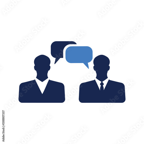 Business communication icon with two professionals and speech bubbles symbolizing discussion, collaboration, or teamwork