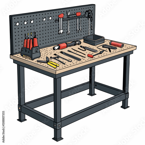 Create a bold, vector illustration of a sturdy welding table, emphasizing strong lines and metallic texture.  Include clamps and a realistic workspace.