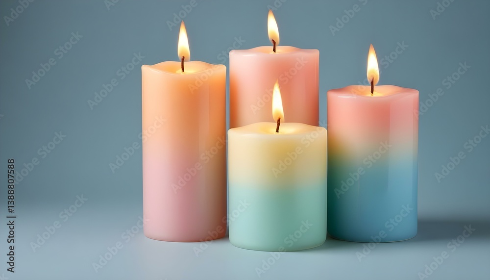 Three cylindrical candles of different colors, each with a lit flame, are arranged on a surface against a light blue background Three cylindrical candles of different colors, each with a lit flame, are arranged on a surface against a light blue background