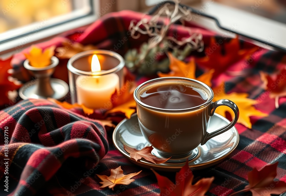 Fototapeta premium A steaming coffee in a cozy plaid setting with a candle and autumn leaves, flat lay photography, plaid