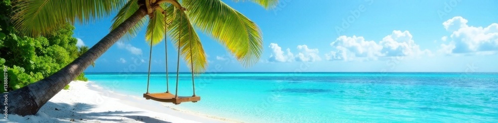 Palm tree swing over turquoise Maldivian waters, tropical island, resort Palm tree swing over turquoise Maldivian waters, tropical island, resort