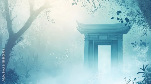 Ancient stone gate surrounded by fog in mystical forest landscape