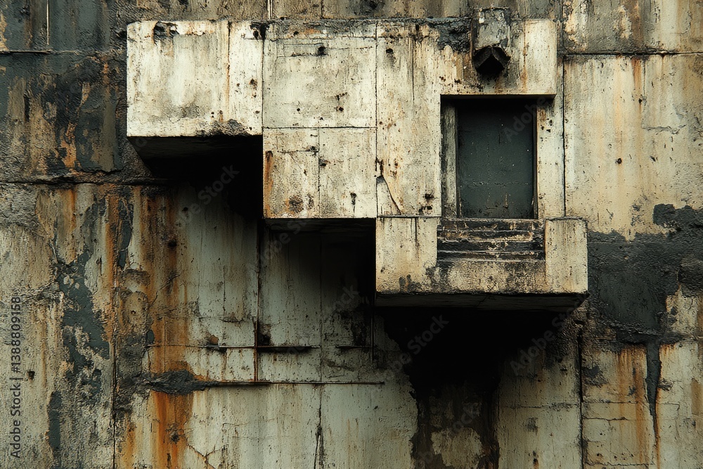 Rusted concrete structure with a small, weathered doorway and staircase Rusted concrete structure with a small, weathered doorway and staircase