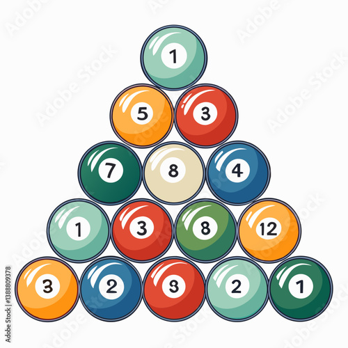 Create a vector illustration of billiard balls arranged in a striking, bold stroke style.  Focus on clean lines and vibrant colors.