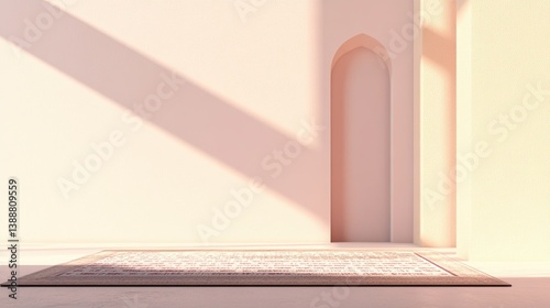 Sunlight casting long shadow through arched doorway in calm minimalist interior
