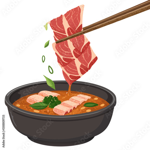 Create a bold vector illustration of a juicy, sliced beef steak being dipped into a rich brown sauce.  Emphasis on thick, clean lines.