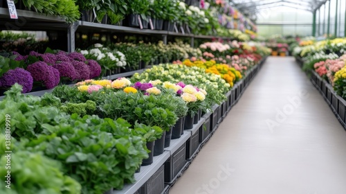 Rows of potted flowers fill a greenhouse. Various colorful blooms are displayed on shelves. The scene is brightly lit, showcasing the vibrant hues. The images style is clean and straightforward. Wa