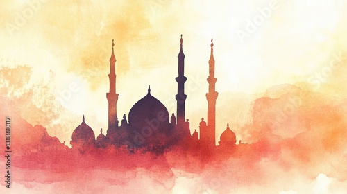 Mosque at sunset with minarets and glowing orange sky