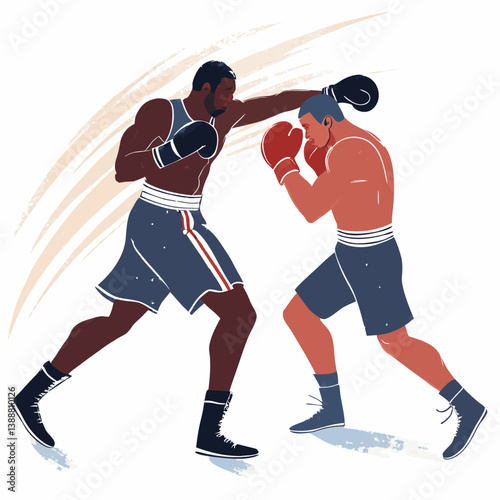 Create a bold, vector illustration of two boxers fiercely engaged in a boxing match inside a boxing ring.  Show dynamic action and powerful stances.