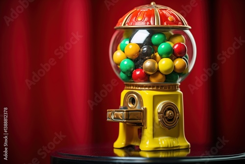 Vintage gumball machine filled with colorful candies against a red curtain backdrop, retro treat concept