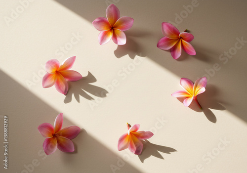 Pink Plumeria Flowers on Cream Surface Nature, Floral, Sunlit, Tropical, Background.