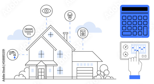 Modern house with icons for security, lighting, appliances, and climate control. Hand operating touchscreen panel and calculator. Ideal for technology, home efficiency, energy management