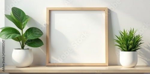 Simple wood frame on shelf beside green plant, shelf, interior