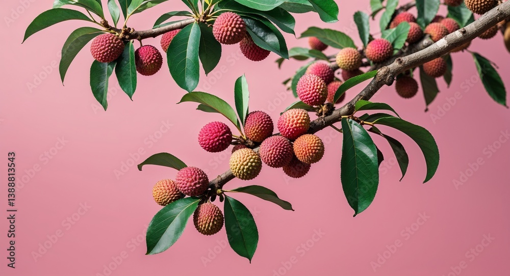 Lychee tree branch on plain pink background with leaves and fruits nature food agri concept wide angle cinematic