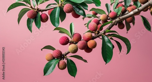 Obraz na płótnie Lychee tree branch on plain pink background with leaves and fruits nature food agri concept wide angle cinematic w salonie