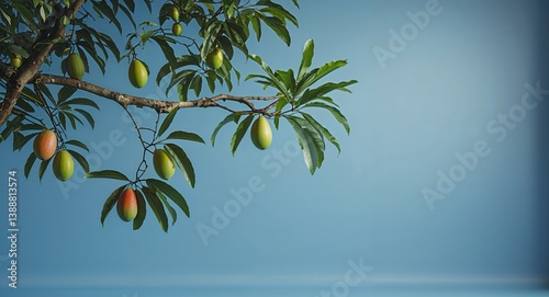 Mango tree branch on plain blue background with leaves and fruits nature food agri concept wide angle cinematic