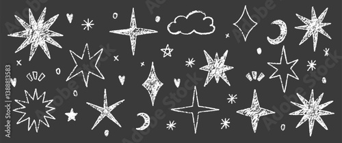 Set of crayon clouds, stars and moon. Sketch white vector kids crayon illustration isolated on black background.