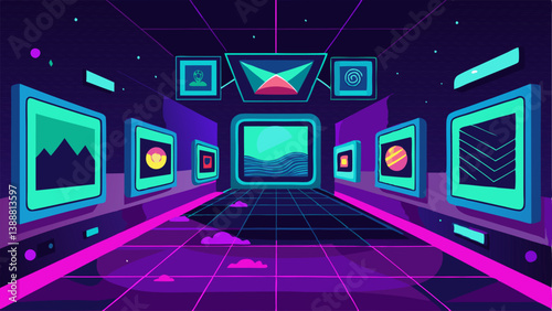 Digital Gallery An illustration of a digital art gallery with multiple screens showcasing vibrant digital artworks all framed by glowing neon lights symbolizing the virtual nature
