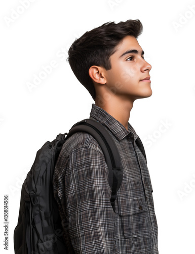 Side profile, handsome, young, serious hard-working hispanic student or male teenager in high school with backpack isolated on a transparent background, cut out
