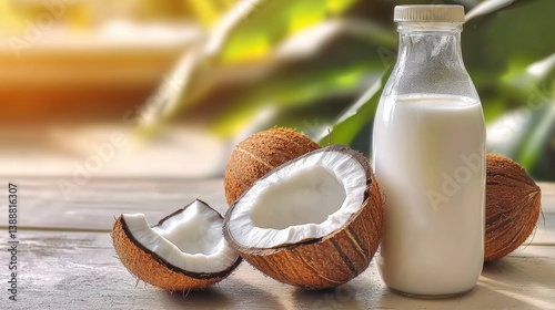 Refreshing coconut milk preparation tropical kitchen food photography bright natural light close-up perspective healthy lifestyle