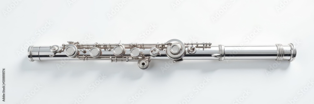 Fototapeta premium Gleaming silver flute, intricate detailing, pristine white backdrop, music, orchestral, melody