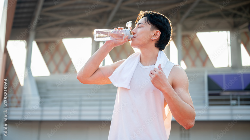Asian man in white tank top is standing and drinking from water bottle, taking a rest after running.