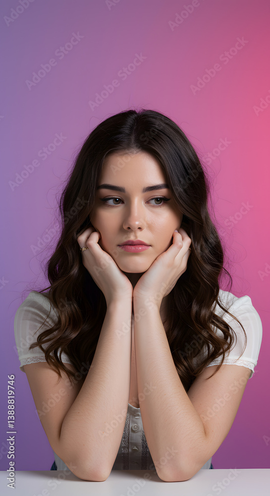 Thoughtful young woman poses with her chin resting on her hands against a pink-to-purple gradient studio backdrop. Thoughtful young woman poses with her chin resting on her hands against a pink-to-purple gradient studio backdrop.