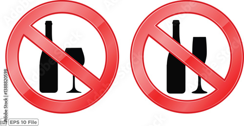 No Alcohol Symbols Set - Two Black Silhouettes of Wine Bottles and Glasses Inside Red Prohibition Circles with Diagonal Lines - Perfect Design for Safety Notices and Guidelines