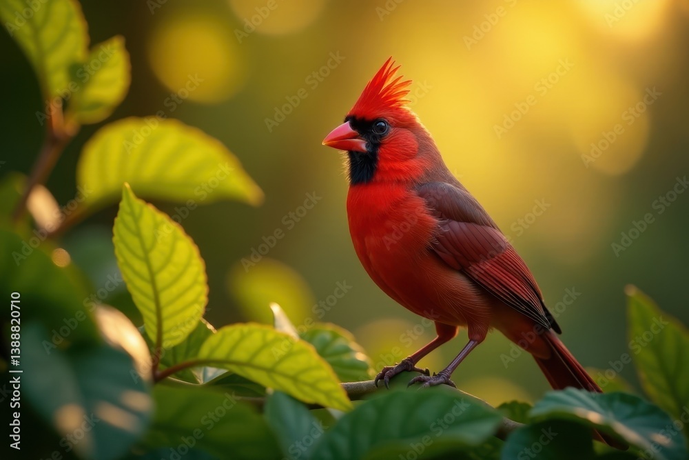 Obraz premium Vibrant red cardinal, lush foliage, golden hour light, sunset, birds