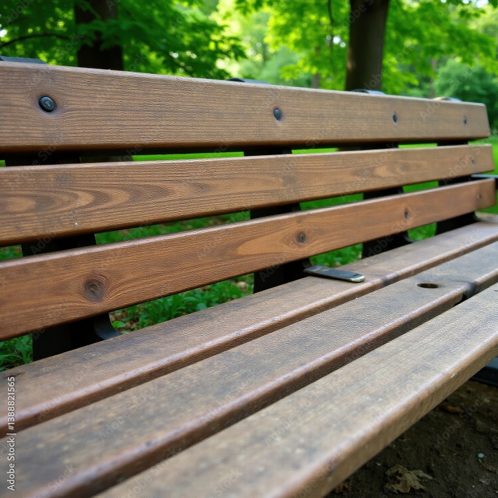 Weathered wooden park bench, slats worn smooth, green, wood grain, decay