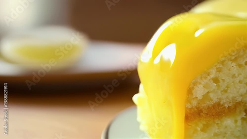 Close-Up Shot Of A Delicious Lemon Cake Slice With Dripping Lemon Curd