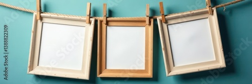 Empty frames on rustic rope, wooden clothespins, aesthetic, mockup