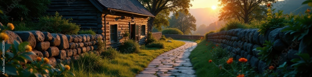 Rustic stone pathway winding towards house, soft dusk glow , design, dark Rustic stone pathway winding towards house, soft dusk glow , design, dark