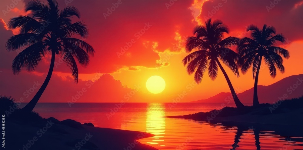 Silhouette of palm trees against fiery sunset, reflecting light on water , pink, palm trees, horizon