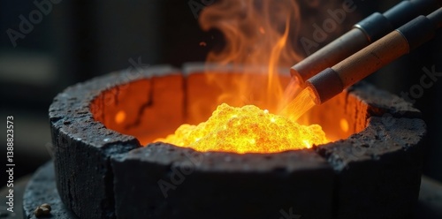 Close-up molten gold in crucible, torch nearby, heat, manufacturing, yellow